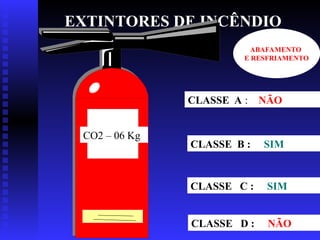 EXTINTORES DE INCÊNDIO
CO2 – 06 Kg
CLASSE A : NÃO
CLASSE B : SIM
CLASSE C : SIM
CLASSE D : NÃO
ABAFAMENTO
E RESFRIAMENTO
 