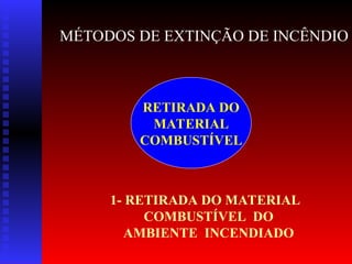MÉTODOS DE EXTINÇÃO DE INCÊNDIO
RETIRADA DO
MATERIAL
COMBUSTÍVEL
1- RETIRADA DO MATERIAL
COMBUSTÍVEL DO
AMBIENTE INCENDIADO
 