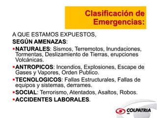 Clasificación de 
Emergencias: 
A QUE ESTAMOS EXPUESTOS, 
SEGÚN AMENAZAS: 
NATURALES: Sismos, Terremotos, Inundaciones, 
Tormentas, Deslizamiento de Tierras, erupciones 
Volcánicas. 
ANTROPICOS: Incendios, Explosiones, Escape de 
Gases y Vapores, Orden Publico. 
TECNOLOGICOS: Fallas Estructurales, Fallas de 
equipos y sistemas, derrames. 
SOCIAL: Terrorismo, Atentados, Asaltos, Robos. 
ACCIDENTES LABORALES. 
 