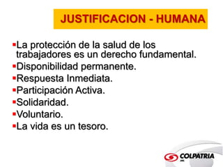 JUSTIFICACION - HUMANA 
La protección de la salud de los 
trabajadores es un derecho fundamental. 
Disponibilidad permanente. 
Respuesta Inmediata. 
Participación Activa. 
Solidaridad. 
Voluntario. 
La vida es un tesoro. 
 