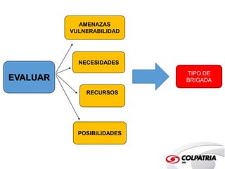 EVALUAR 
AMENAZAS 
VULNERABILIDAD 
NECESIDADES 
RECURSOS 
POSIBILIDADES 
TIPO DE 
BRIGADA 
 