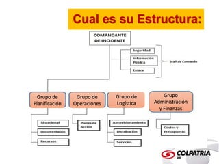 Cual es su Estructura: 
Grupo de 
Planificación 
Grupo de 
Operaciones 
Grupo de 
Logística 
Grupo 
Administración 
y Finanzas 
 