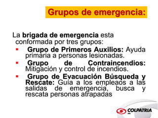 Grupos de emergencia: 
La brigada de emergencia esta 
conformada por tres grupos: 
 Grupo de Primeros Auxilios: Ayuda 
primaria a personas lesionadas. 
 Grupo de Contraincendios: 
Mitigación y control de incendios. 
 Grupo de Evacuación Búsqueda y 
Rescate: Guía a los empleaos a las 
salidas de emergencia, busca y 
rescata personas atrapadas 
 