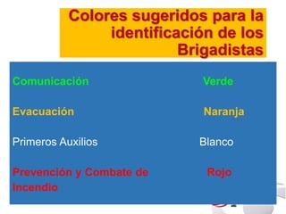 Colores sugeridos para la 
identificación de los 
Brigadistas 
Comunicación Verde 
Evacuación Naranja 
Primeros Auxilios Blanco 
Prevención y Combate de Rojo 
Incendio 
 