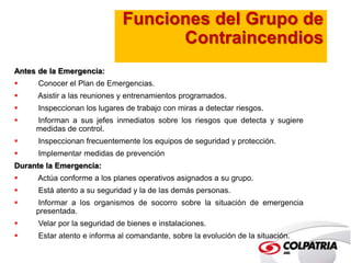 Funciones del Grupo de 
Contraincendios 
Antes de la Emergencia: 
 Conocer el Plan de Emergencias. 
 Asistir a las reuniones y entrenamientos programados. 
 Inspeccionan los lugares de trabajo con miras a detectar riesgos. 
 Informan a sus jefes inmediatos sobre los riesgos que detecta y sugiere 
medidas de control. 
 Inspeccionan frecuentemente los equipos de seguridad y protección. 
 Implementar medidas de prevención 
Durante la Emergencia: 
 Actúa conforme a los planes operativos asignados a su grupo. 
 Está atento a su seguridad y la de las demás personas. 
 Informar a los organismos de socorro sobre la situación de emergencia 
presentada. 
 Velar por la seguridad de bienes e instalaciones. 
 Estar atento e informa al comandante, sobre la evolución de la situación. 
 