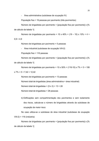 25
- Área administrativa (subclasse de ocupação IV)
População fixa = 19 pessoas por pavimento (três pavimentos)
Número de brigadistas por pavimento = [população fixa por pavimento] x [%
de cálculo da tabela 1]
Número de brigadistas por pavimento = 10 x 40% + (19 – 10) x 10% = 4 +
0,9 = 4,9
Número de brigadistas por pavimento = 5 pessoas
- Área industrial (subclasse de ocupação VIII-2)
População fixa = 116 pessoas
Número de brigadistas por pavimento = [população fixa por pavimento] x [%
de cálculo da tabela 1]
Número de brigadistas por pavimento = 10 x 50% + (116-10) x 7% = 5 + 106
x 7% = 5 + 7,42 = 12,42
Número de brigadistas por pavimento = 13 pessoas
Número total de brigadistas (área administrativa + área industrial)
Número total de brigadistas = (5 x 3) + 13 = 28
Número total de brigadistas = 28 pessoas
b) Edificações sem compartimentação dos pavimentos e sem isolamento
dos riscos, calcula-se o número de brigadistas através da subclasse de
ocupação de maior risco:
No caso utiliza-se a subclasse de área industrial (subclasse de ocupação
VIII-2) + 116 (indústria)
Número de brigadistas por pavimento = [população fixa por pavimento] x [%
de cálculo da tabela 1]
 