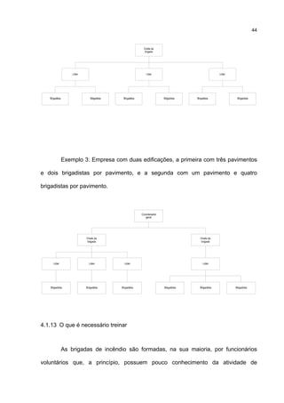 44
Exemplo 3: Empresa com duas edificações, a primeira com três pavimentos
e dois brigadistas por pavimento, e a segunda com um pavimento e quatro
brigadistas por pavimento.
4.1.13 O que é necessário treinar
As brigadas de incêndio são formadas, na sua maioria, por funcionários
voluntários que, a princípio, possuem pouco conhecimento da atividade de
 