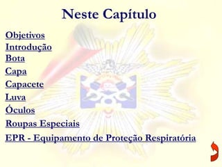 Neste Capítulo
Objetivos
Introdução
Bota
Capa
Capacete
Luva
Óculos
Roupas Especiais
EPR - Equipamento de Proteção Respiratória
 