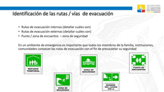 Identificación de las rutas / vías de evacuación
• Rutas de evacuación internas (detallar cuáles son)
• Rutas de evacuación externas (detallar cuáles son)
• Punto / zona de encuentro – zona de seguridad
En un ambiente de emergencia es importante que todos los miembros de la familia, instituciones,
comunidades conozcan las rutas de evacuación con el fin de precautelar su seguridad
 