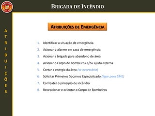 BRIGADA DE INCÊNDIO
A
T
R
I
B
U
I
Ç
Õ
E
S
1. Identificar a situação de emergência
2. Acionar o alarme em caso de emergência
3. Acionar a brigada para abandono de área
4. Acionar o Corpo de Bombeiros e/ou ajuda externa
5. Cortar a energia da área (se necessário)
6. Solicitar Primeiros Socorros Especializado (ligar para SME)
7. Combater o princípio de incêndio
8. Recepcionar e orientar o Corpo de Bombeiros
ATRIBUIÇÕES DE EMERGÊNCIA
 