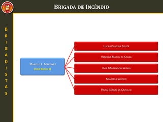 BRIGADA DE INCÊNDIO
B
R
I
G
A
D
I
S
T
A
S
MARCELO L. MARTINEZ
LÍDER BLOCO Q
LUCAS OLIVEIRA SOUZA
VANESSA MACIEL DE SOUZA
LÍVIA MARANGONI ALFAYA
MARCELA SAVOLDI
PAULO SÉRGIO DE CARVALHO
 