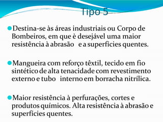 Tipo 5
⚫Destina-se às áreas industriais ou Corpo de
Bombeiros, em que è desejável uma maior
resistência à abrasão easuperfícies quentes.
⚫Mangueira com reforço têxtil, tecido em fio
sintéticode alta tenacidade com revestimento
externo e tubo internoem borracha nitrílica.
⚫Maior resistência à perfurações, cortes e
produtosquímicos. Alta resistência àabrasão e
superfícies quentes.
 