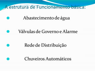 A estrutura de Funcionamento básica:
⚫ Abastecimentodeágua
⚫ Válvulasde Governo e Alarme
⚫ Redede Distribuição
⚫ Chuveiros Automáticos
 