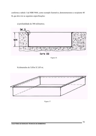 conforme a tabela 1 da NBR 9444, como exemplo ilustrativo, demonstraremos o recipiente 40
B, que deve ter as seguintes especificações:
a) profundidade de 300 milímetros;
Figura 16
b) dimensões de 3,05m X 3,05 m;
Figura 17
COLETÂNEA DE MANUAIS TÉCNICOS DE BOMBEIROS
70
 