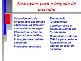 Instruções para a brigada de
            incêndio
Cada elemento da           Elemento B
brigada com sua função     (Gilmar/Mec.)
específica, irá executar   Certificar-se se o
sua tarefa como segue :    Corpo de Bombeiros
Elemento A - Líder da      foi chamado
brigada (Luciano/Mec.)     Comunicar o setor de
Instruções de combate      Elétrica para cortar o
à incêndio                 fornecimento de
Instruções de tarefas      energia no local do
                           incêndio
 
