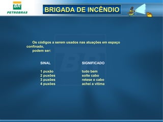 BRIGADA DE INCÊNDIOBRIGADA DE INCÊNDIO
Os códigos a serem usados nas atuações em espaço
confinado,
podem ser:
SINAL SIGNIFICADO
1 puxão tudo bem
2 puxões solte cabo
3 puxões retese o cabo
4 puxões achei a vitima
 
