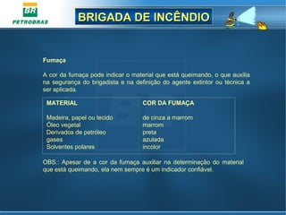 BRIGADA DE INCÊNDIOBRIGADA DE INCÊNDIO
Fumaça
A cor da fumaça pode indicar o material que está queimando, o que auxilia
na segurança do brigadista e na definição do agente extintor ou técnica a
ser aplicada.
MATERIAL
Madeira, papel ou tecido
Óleo vegetal
Derivados de petróleo
gases
Solventes polares
COR DA FUMAÇA
de cinza a marrom
marrom
preta
azulada
incolor
OBS.: Apesar de a cor da fumaça auxiliar na determinação do material
que está queimando, ela nem sempre é um indicador confiável.
 