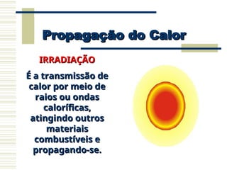 Propagação do Calor
Propagação do Calor
IRRADIAÇÃO
IRRADIAÇÃO
É a transmissão de
É a transmissão de
calor por meio de
calor por meio de
raios ou ondas
raios ou ondas
caloríficas,
caloríficas,
atingindo outros
atingindo outros
materiais
materiais
combustíveis e
combustíveis e
propagando-se.
propagando-se.
 