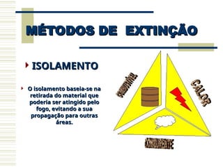 MÉTODOS DE EXTINÇÃO
MÉTODOS DE EXTINÇÃO
ISOLAMENTO
ISOLAMENTO
 O isolamento baseia-se na
O isolamento baseia-se na
retirada do material que
retirada do material que
poderia ser atingido pelo
poderia ser atingido pelo
fogo, evitando a sua
fogo, evitando a sua
propagação para outras
propagação para outras
áreas.
áreas.
 