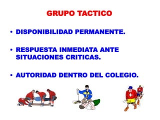 GRUPO TACTICO
• DISPONIBILIDAD PERMANENTE.
• RESPUESTA INMEDIATA ANTE
SITUACIONES CRITICAS.
• AUTORIDAD DENTRO DEL COLEGIO.
 
