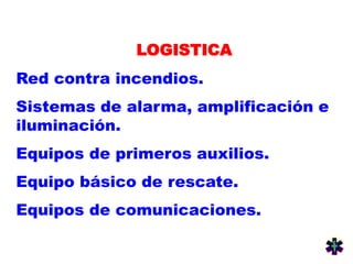 LOGISTICA
Red contra incendios.
Sistemas de alarma, amplificación e
iluminación.
Equipos de primeros auxilios.
Equipo básico de rescate.
Equipos de comunicaciones.
 
