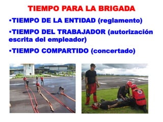 TIEMPO PARA LA BRIGADA
•TIEMPO DE LA ENTIDAD (reglamento)
•TIEMPO DEL TRABAJADOR (autorización
escrita del empleador)
•TIEMPO COMPARTIDO (concertado)
 