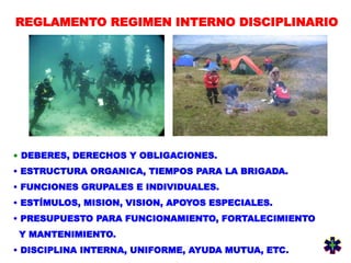 REGLAMENTO REGIMEN INTERNO DISCIPLINARIO
• DEBERES, DERECHOS Y OBLIGACIONES.
• ESTRUCTURA ORGANICA, TIEMPOS PARA LA BRIGADA.
• FUNCIONES GRUPALES E INDIVIDUALES.
• ESTÍMULOS, MISION, VISION, APOYOS ESPECIALES.
• PRESUPUESTO PARA FUNCIONAMIENTO, FORTALECIMIENTO
Y MANTENIMIENTO.
• DISCIPLINA INTERNA, UNIFORME, AYUDA MUTUA, ETC.
 