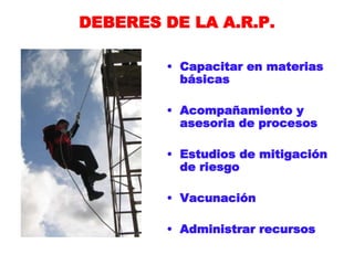 DEBERES DE LA A.R.P.
• Capacitar en materias
básicas
• Acompañamiento y
asesoria de procesos
• Estudios de mitigación
de riesgo
• Vacunación
• Administrar recursos
 