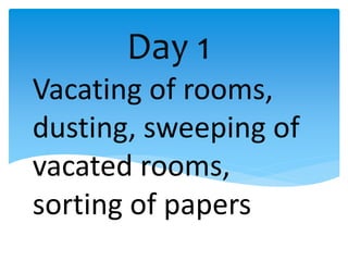 Day 1
Vacating of rooms,
dusting, sweeping of
vacated rooms,
sorting of papers
 