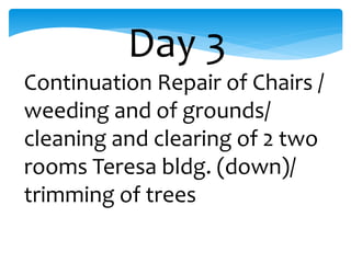 Day 3
Continuation Repair of Chairs /
weeding and of grounds/
cleaning and clearing of 2 two
rooms Teresa bldg. (down)/
trimming of trees
 