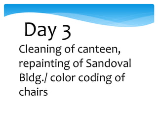 Day 3
Cleaning of canteen,
repainting of Sandoval
Bldg./ color coding of
chairs
 