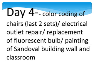 Day 4-- color coding of
chairs (last 2 sets)/ electrical
outlet repair/ replacement
of fluorescent bulb/ painting
of Sandoval building wall and
classroom
 