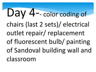 Day 4-- color coding of
chairs (last 2 sets)/ electrical
outlet repair/ replacement
of fluorescent bulb/ painting
of Sandoval building wall and
classroom
 