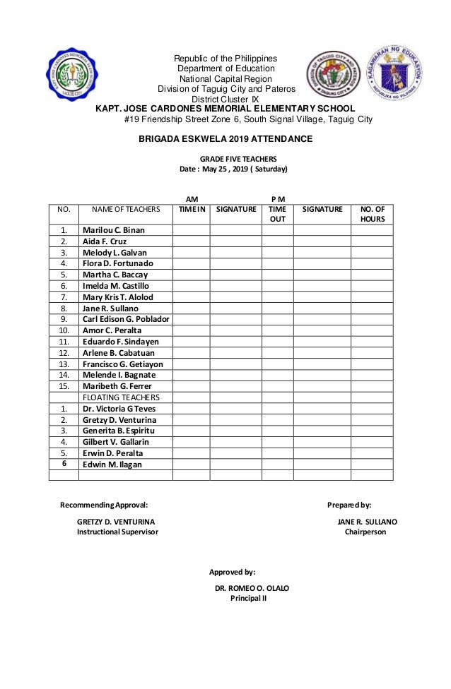 Brigada eskwela 2019 daily attendance
