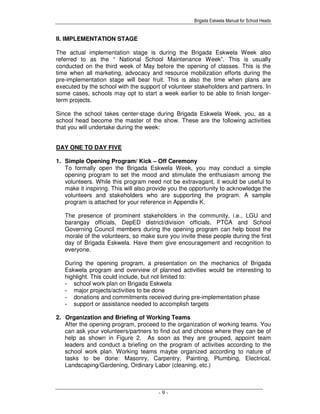 Brigada Eskwela Manual for School Heads
- 9 -
II. IMPLEMENTATION STAGE
The actual implementation stage is during the Brigada Eskwela Week also
referred to as the “ National School Maintenance Week”. This is usually
conducted on the third week of May before the opening of classes. This is the
time when all marketing, advocacy and resource mobilization efforts during the
pre-implementation stage will bear fruit. This is also the time when plans are
executed by the school with the support of volunteer stakeholders and partners. In
some cases, schools may opt to start a week earlier to be able to finish longer-
term projects.
Since the school takes center-stage during Brigada Eskwela Week, you, as a
school head become the master of the show. These are the following activities
that you will undertake during the week:
DAY ONE TO DAY FIVE
1. Simple Opening Program/ Kick – Off Ceremony
To formally open the Brigada Eskwela Week, you may conduct a simple
opening program to set the mood and stimulate the enthusiasm among the
volunteers. While this program need not be extravagant, it would be useful to
make it inspiring. This will also provide you the opportunity to acknowledge the
volunteers and stakeholders who are supporting the program. A sample
program is attached for your reference in Appendix K.
The presence of prominent stakeholders in the community, i.e., LGU and
barangay officials, DepED district/division officials, PTCA and School
Governing Council members during the opening program can help boost the
morale of the volunteers, so make sure you invite these people during the first
day of Brigada Eskwela. Have them give encouragement and recognition to
everyone.
During the opening program, a presentation on the mechanics of Brigada
Eskwela program and overview of planned activities would be interesting to
highlight. This could include, but not limited to:
- school work plan on Brigada Eskwela
- major projects/activities to be done
- donations and commitments received during pre-implementation phase
- support or assistance needed to accomplish targets
2. Organization and Briefing of Working Teams
After the opening program, proceed to the organization of working teams. You
can ask your volunteers/partners to find out and choose where they can be of
help as shown in Figure 2. As soon as they are grouped, appoint team
leaders and conduct a briefing on the program of activities according to the
school work plan. Working teams maybe organized according to nature of
tasks to be done: Masonry, Carpentry, Painting, Plumbing, Electrical,
Landscaping/Gardening, Ordinary Labor (cleaning, etc.)
 