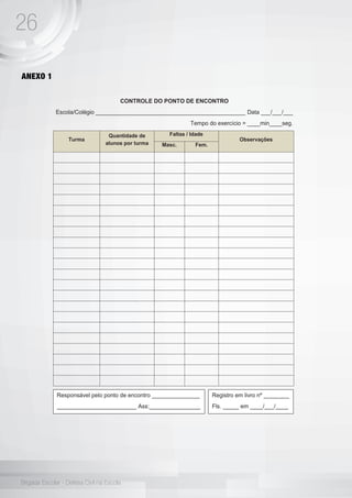 26
Brigada Escolar - Defesa Civil na Escola
ANEXO 1
CONTROLE DO PONTO DE ENCONTRO
Escola/Colégio _______________________________________________ Data ___/___/___
Tempo do exercício = ____min____seg.
Turma
Quantidade de
alunos por turma
Faltas / Idade
Observações
Masc. Fem.
Registro em livro nº ________
Fls. _____ em ____/___/____
Responsável pelo ponto de encontro _______________
_________________________ Ass:________________
 