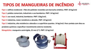 Tipo 1: edifício residencial . Fibra de poliéster revestida com borracha sintética. PMT: 10 kg/cm2
Tipo 2: prédios comerciais, industriais e uso bombeiros. PMT: 14 kg/cm2
Tipo 3: uso naval, industrial, bombeiros. PMT: 15kg/cm2.
Tipo 4: indústrias, maior resistência a abrasão. PMT: 14 kg/cm2.
Tipo 5: indústrias, alta resistência a abrasão e a superfícies quentes. 14 kg/cm2. Para contato com óleo ou
produtos químicos: especificar revestimento externo resistente.
Mangotinho: mangueira semirrígida, 25 mm (1”). PMT: 12 kg/cm2
TIPOS DE MANGUEIRAS DE INCÊNDIO
 