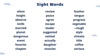 Sight Words
silent
height
observe
knife
married
planet
dangerous
event
favorite
chapter
review
peace
agree
escape
leader
suggested
settled
actually
daughter
muscles
feather
tongue
progress
vegetable
1.rough
style
climate
title
coffee
serious
 