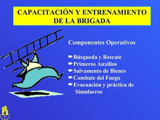 Componentes Operativos  Búsqueda y Rescate Primeros Auxilios Salvamento de Bienes Combate del Fuego Evacuación y práctica de  Simulacros CAPACITACIÓN Y ENTRENAMIENTO DE LA BRIGADA 