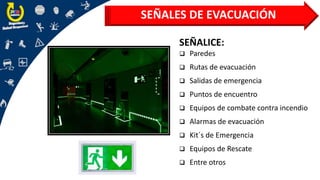 SEÑALES DE EVACUACIÓN
SEÑALICE:
❑ Paredes
❑ Rutas de evacuación
❑ Salidas de emergencia
❑ Puntos de encuentro
❑ Equipos de combate contra incendio
❑ Alarmas de evacuación
❑ Kit´s de Emergencia
❑ Equipos de Rescate
❑ Entre otros
 