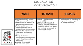 BRIGADA DE
COMUNICACIÓN
ANTES DURANTE DESPUÉS
 Mantener disponibles números
telefónicos en caso de emergencia.
 Elaborar un listado telefónico de
los trabajadores de la empresa.
 Realizar ejercicios de
comunicación como árbol de
llamadas en caso de emergencias.
 Definir medios de comunicación
como radios, teléfonos, entre
otros.
 Manejo de información
relacionada con la continuidad del
negocio (Respaldos contables,
entro otros).
 Participar en ejercicios de
simulación y simulacros.
 Llamar a los organismos de
socorro (911).
 Mantener informada a la alta
gerencia acerca de la emergencia.
 Manejo de comunicación externa
con medios de comunicación u
organismos de socorro.
 Recopilar todos los informes de las
brigadas de emergencia y emitir
un informe consolidado
 