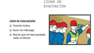 LÍDER DE
EVACUACIÓN
LÍDER DE EVACUACIÓN:
 Trasmitir Calma
 Guiar con liderazgo
 Revisar que no haya quedado
nadie al interior
 