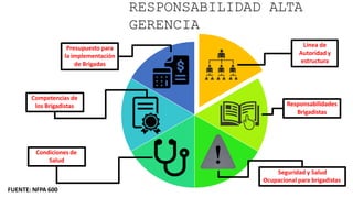 RESPONSABILIDAD ALTA
GERENCIA
FUENTE: NFPA 600
Línea de
Autoridad y
estructura
Responsabilidades
Brigadistas
Seguridad y Salud
Ocupacional para brigadistas
Condiciones de
Salud
Competencias de
los Brigadistas
Presupuesto para
la implementación
de Brigadas
 