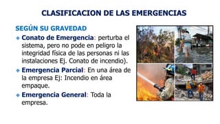 CLASIFICACION DE LAS EMERGENCIAS
SEGÚN SU GRAVEDAD
 Conato de Emergencia: perturba el
sistema, pero no pode en peligro la
integridad física de las personas ni las
instalaciones Ej. Conato de incendio).
 Emergencia Parcial: En una área de
la empresa Ej: Incendio en área
empaque.
 Emergencia General: Toda la
empresa.
 
