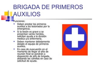 BRIGADA DE PRIMEROS AUXILIOS Funciones: Deben prestar los primeros auxilios a los lesionados por la emergencia. Si la lesión es grave o se presentan varios heridos, solicitan ayuda a la división medica y/o enfermería. Deben mantener debidamente dotado el equipo de primeros auxilios. En caso de evacuación en el momento de llegar al sitio de reunión final se pondrán a disposición de jefe de brigada, alistando las camillas en caso de solicitud de ayuda. 