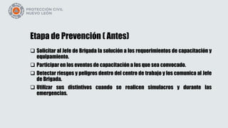 Etapa de Prevención ( Antes)
 Solicitar al Jefe de Brigada la solución a los requerimientos de capacitación y
equipamiento.
 Participar en los eventos de capacitación a los que sea convocado.
 Detectar riesgos y peligros dentro del centro de trabajo y los comunica al Jefe
de Brigada.
 Utilizar sus distintivos cuando se realicen simulacros y durante las
emergencias.
 