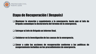 Etapa de Recuperación ( Después)
 Mantener la atención y seguimiento a la emergencia, hasta que el Jefe de
Brigada comunique la declaratoria del término de la emergencia.
 Entregar al Jefe de Brigada un informe final.
 Colaborar en la investigación de las causas de la emergencia.
 Llevar a cabo las acciones de recuperación conforme a las políticas de
aseguramiento incluidas en los procedimientos de emergencia.
 