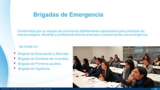 DR © Instituto Tecnológico y de Estudios Superiores de Monterrey | México 2013 13
Conformada por un equipo de voluntarios debidamente capacitados para participar de
manera segura, eficiente y profesional ante la amenaza o presencia de una emergencia.
Brigadas de Emergencia
Se divide en:
• Brigada de Evacuación y Rescate.
• Brigada de Combate de incendios.
• Brigada de Primeros auxilios.
• Brigada de Vigilancia.
 