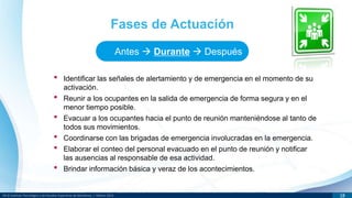 DR © Instituto Tecnológico y de Estudios Superiores de Monterrey | México 2013 18
• Identificar las señales de alertamiento y de emergencia en el momento de su
activación.
• Reunir a los ocupantes en la salida de emergencia de forma segura y en el
menor tiempo posible.
• Evacuar a los ocupantes hacia el punto de reunión manteniéndose al tanto de
todos sus movimientos.
• Coordinarse con las brigadas de emergencia involucradas en la emergencia.
• Elaborar el conteo del personal evacuado en el punto de reunión y notificar
las ausencias al responsable de esa actividad.
• Brindar información básica y veraz de los acontecimientos.
Fases de Actuación
Antes  Durante  Después
 