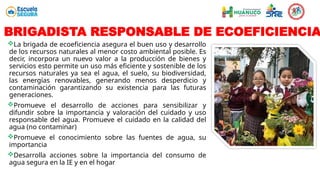 La brigada de ecoeficiencia asegura el buen uso y desarrollo
de los recursos naturales al menor costo ambiental posible. Es
decir, incorpora un nuevo valor a la producción de bienes y
servicios esto permite un uso más eficiente y sostenible de los
recursos naturales ya sea el agua, el suelo, su biodiversidad,
las energías renovables, generando menos desperdicio y
contaminación garantizando su existencia para las futuras
generaciones.
Promueve el desarrollo de acciones para sensibilizar y
difundir sobre la importancia y valoración del cuidado y uso
responsable del agua. Promueve el cuidado en la calidad del
agua (no contaminar)
Promueve el conocimiento sobre las fuentes de agua, su
importancia
Desarrolla acciones sobre la importancia del consumo de
agua segura en la IE y en el hogar
BRIGADISTA RESPONSABLE DE ECOEFICIENCIA
 